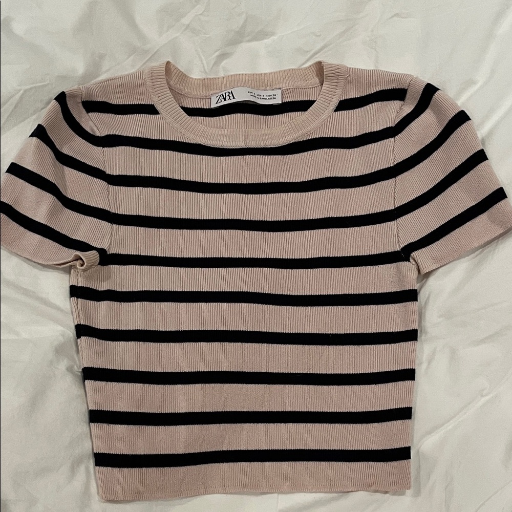 Zara Black and Cream Striped Crop Top